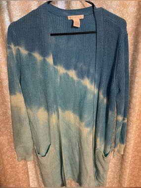 DESIGN HISTORY Blue Ombre Tie Dye Long Knit Cardigan Small Coastal Boho